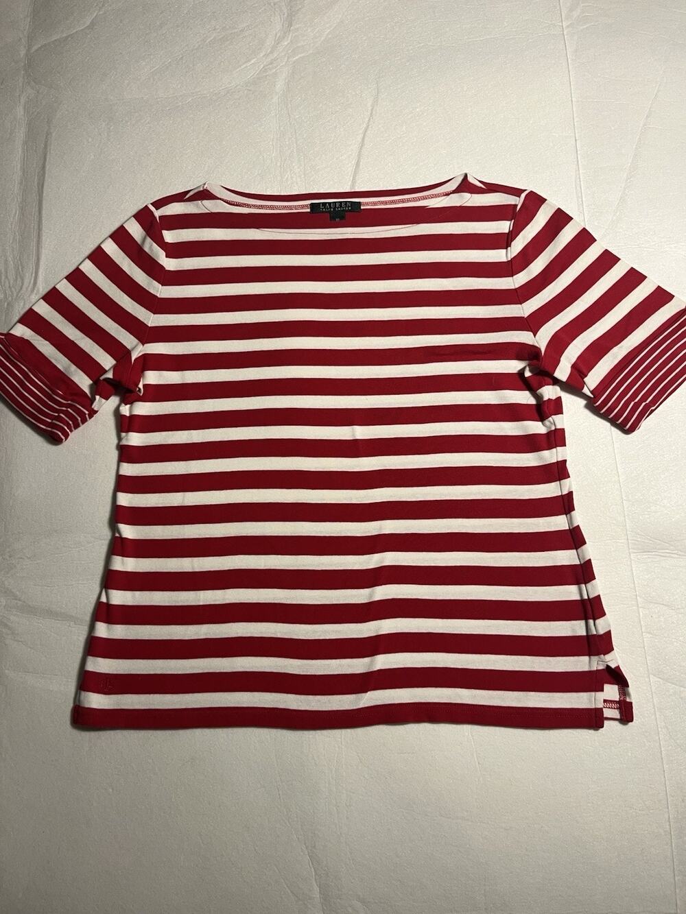 Lauren Ralph Lauren Womens XL Red White Stripe Boat Neck Shirt Short Sleeve Top